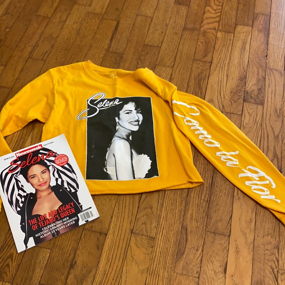 Selena Graphic Long-Sleeve Crop Top in Mustard Yellow with Magazine
